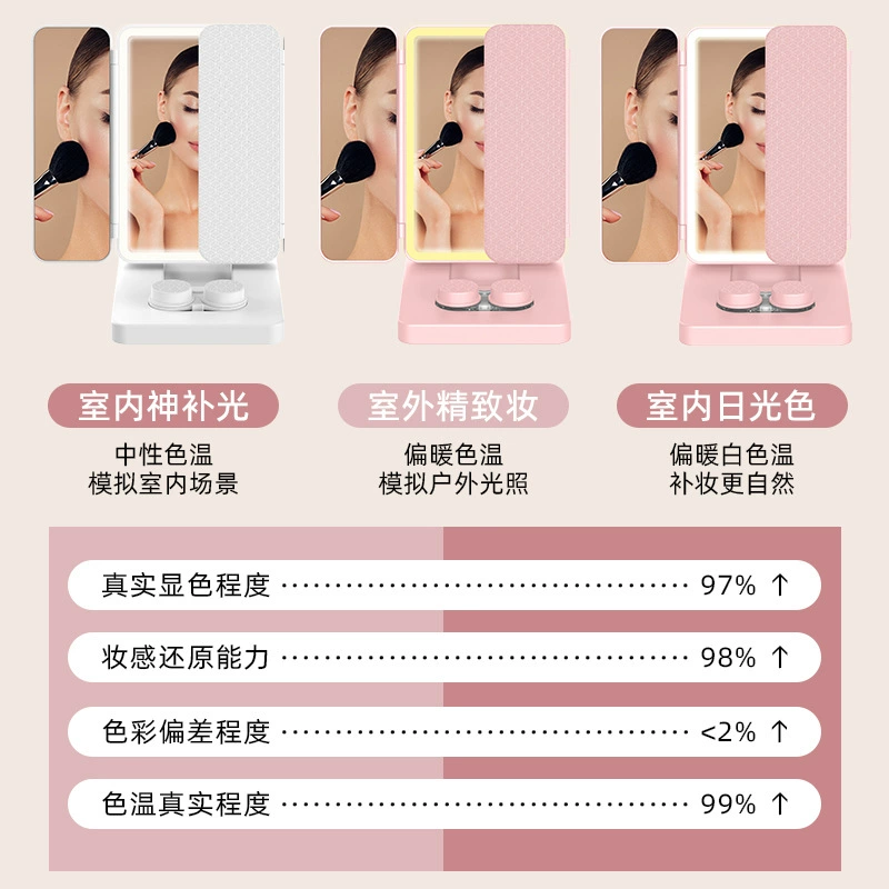 Folding LED Makeup Mirror, 3-Panel USB Rechargeable, 3-Color Dimmable with Storage Tray