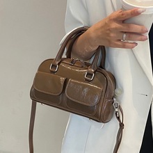 真皮复古手提包包女爆裂纹牛皮时尚简约保龄球波士顿包通勤单肩包