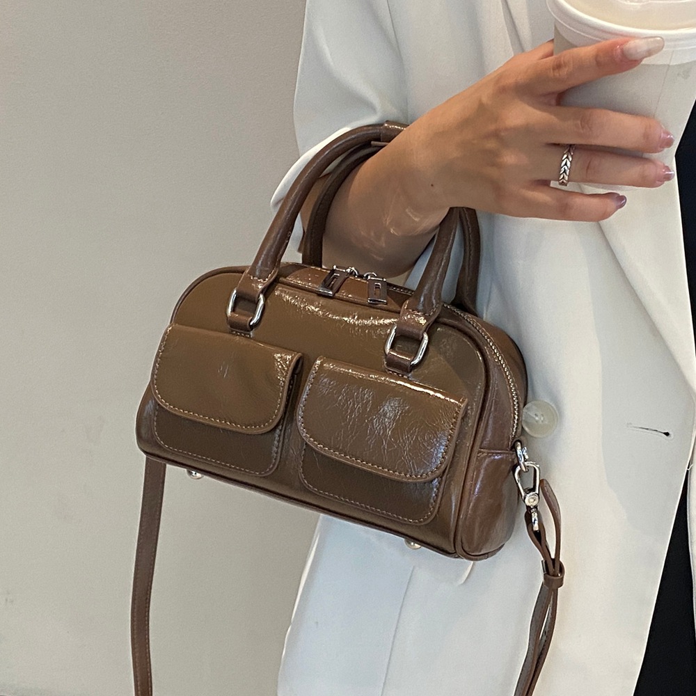 Genuine Leather Retro Handbag For Women, Cracked Cowhide Fashion Simple Bowling Boston Bag, Commuter Shoulder Bag