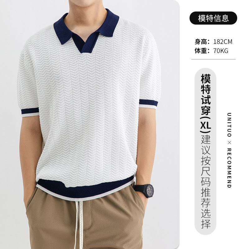 Hombres lujosos de lujo alto sentido antiguo estilo de hielo polo de manga corta hombre rápido seco camiseta de punto de cuello en V camiseta casual hombre