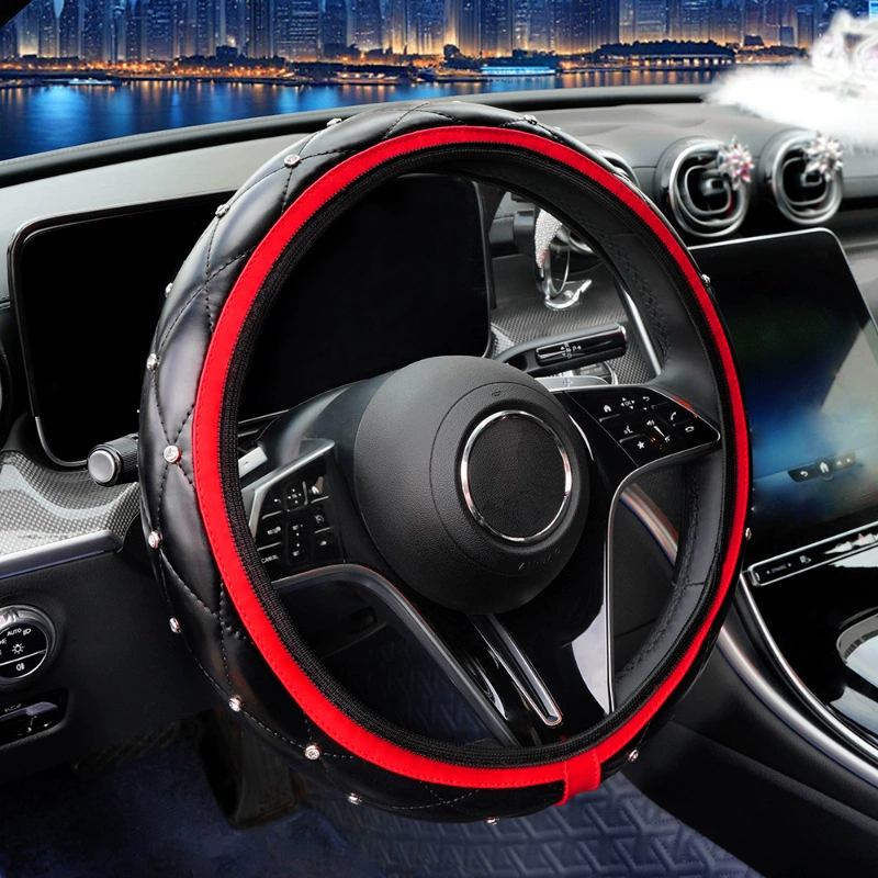 Новый автомобильный чехол на руль из искусственной кожи со стразами, внутренняя стеганая вышивка, трансграничная популярная четырехсезонная универсальная автомобильная ручка