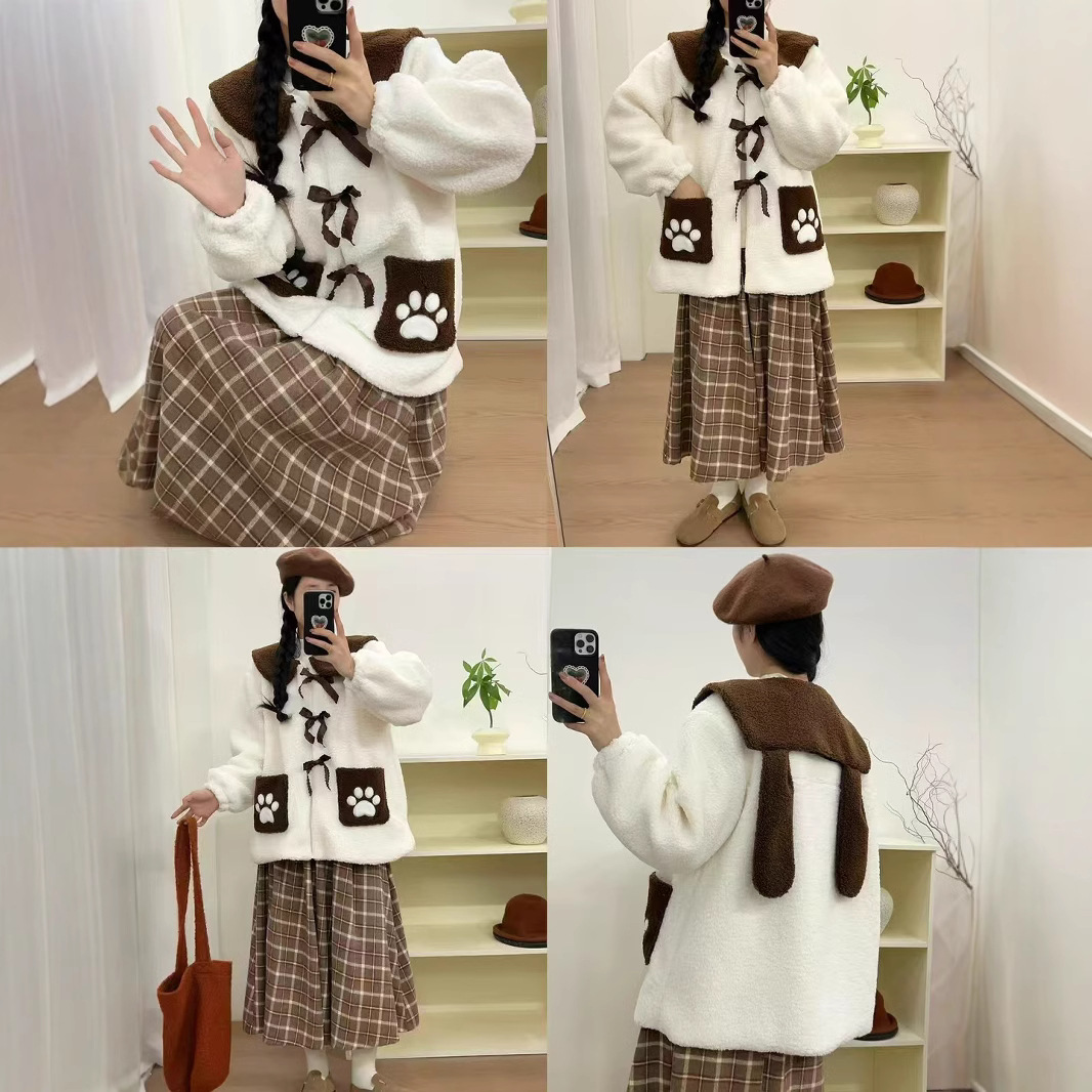 (2개) 새로운 가을과 겨울 대학 스타일 쌓인 가운 어깨 귀여운 강아지 새 코트