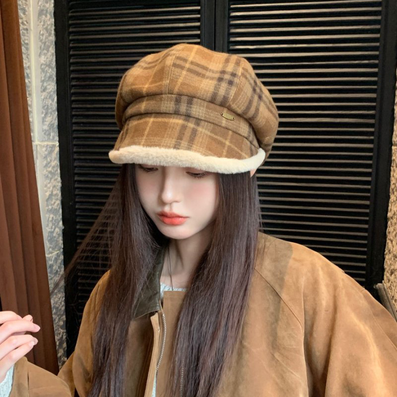 复古格子毛绒八角帽子女秋冬季文艺百搭保暖八角帽显脸小渔夫帽子|undefined