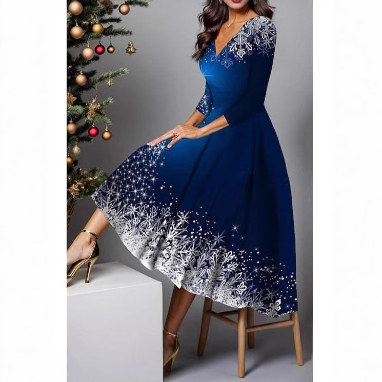 312416 Independent Station European Girls Evening Dress Christmas Holiday Hot Selling Long Snowflake Print Winter dress