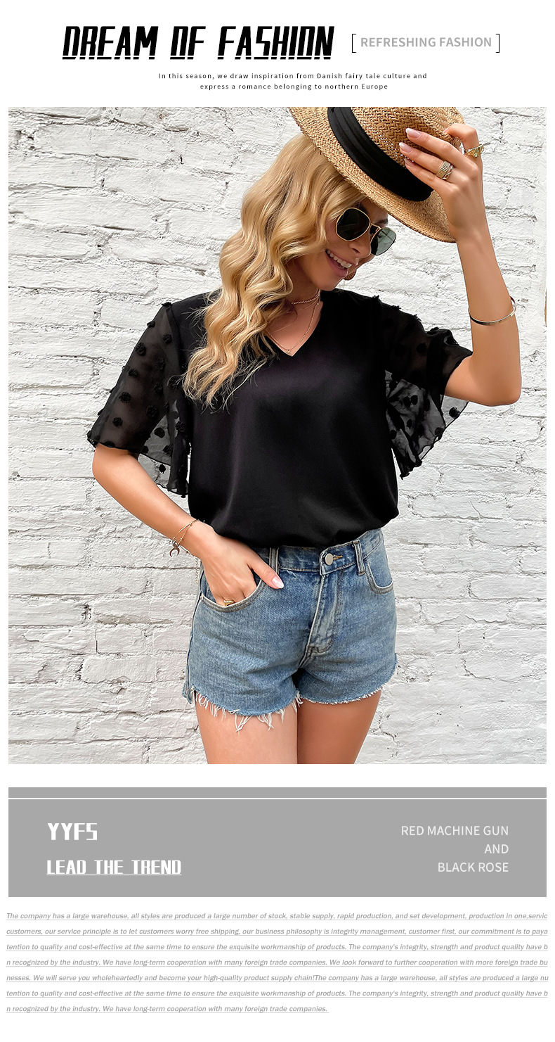 Schwarzes, kurzärmliges, durchsichtiges Trompetenhemd aus Netzstoff mit V-Ausschnitt_voghion.com