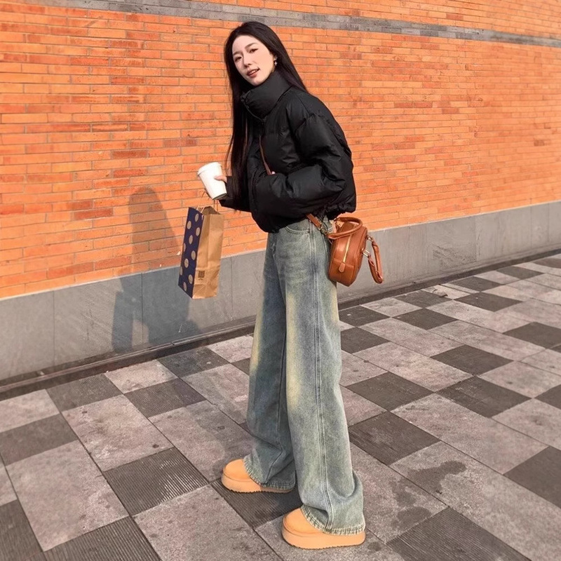 Autumn 2024 New Vintage Washed Old High Waist Slimming Casual Wide Leg Pants All-match Straight Jeans for Women