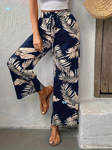Women's Casual Printed Knot Front Elastic Waist Wide Leg