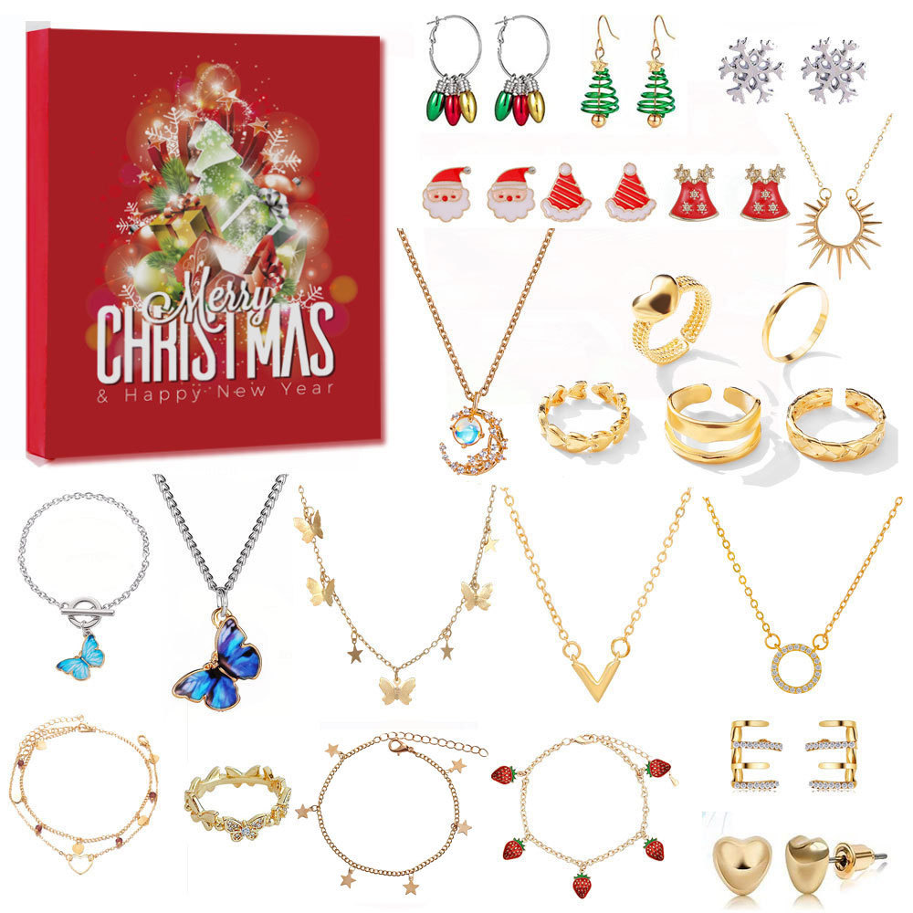 2024 Joyas de Navidad Regalos Cuenta regresiva Calendario de Adviento Collar Caja ciega Pendientes Pendientes Pulsera Caja de regalo Caja ciega