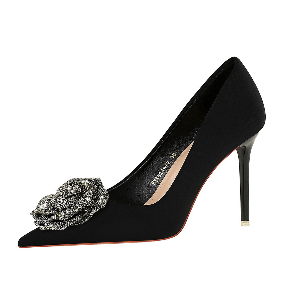18249-H52 High Heels Women's Shoes Thin Heels Ultra High Heels Silk Shallow Mouth Pointed Water Diamond Rose Single Shoes
