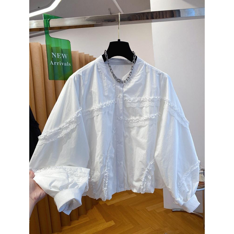 White lace patchwork ruffle-trim long-sleeve women's shirt, 2026 new spring/autumn style, loose, unique, super stylish top White lace patchwork ruffle-trim long-sleeve women's shirt, 2026 new spring/autumn style, loose, unique, super stylish top