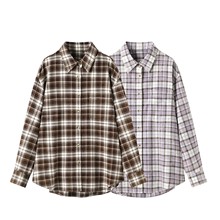 现货 2025秋季新女时尚百搭宽松复古做旧长袖格子衬衫MBE3SHT004