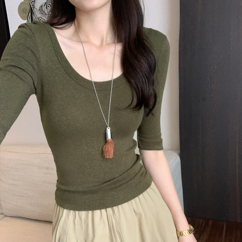 In-Stock Real Photos High-End Unique Purple U-Neck Slim-Fit Mid-Sleeve T-Shirt for Women Summer 2025 New Style Unique and Pretty Small