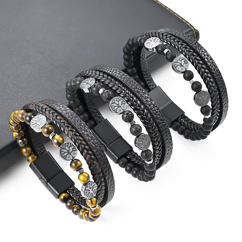 Cross-border Explosive Bracelet Men's Natural Stone Magnetic Buckle Bracelet Volcanic Stone Magnet Buckle Men's Life Tree Bracelet