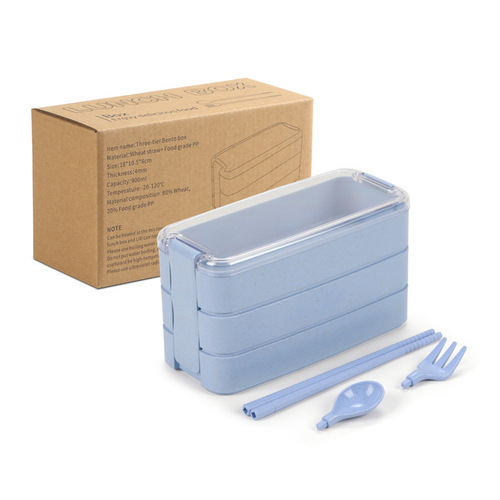 Japanese-style wheat straw three-layer lunch box for office workers and students, microwave-safe bento box, large capacity divided fast food container