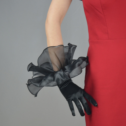 Evening Gloves Black Satin Gloves Ruffled Elastic Wedding Dress Dinner Accessories Elegant Hepburn Style Winter