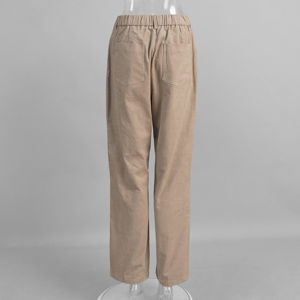 Quần ống rộng nữ cotton nhung kẻ sọc dáng suông lưng giữa phong cách retro — kaki nhạt, mơ chi tiết 5