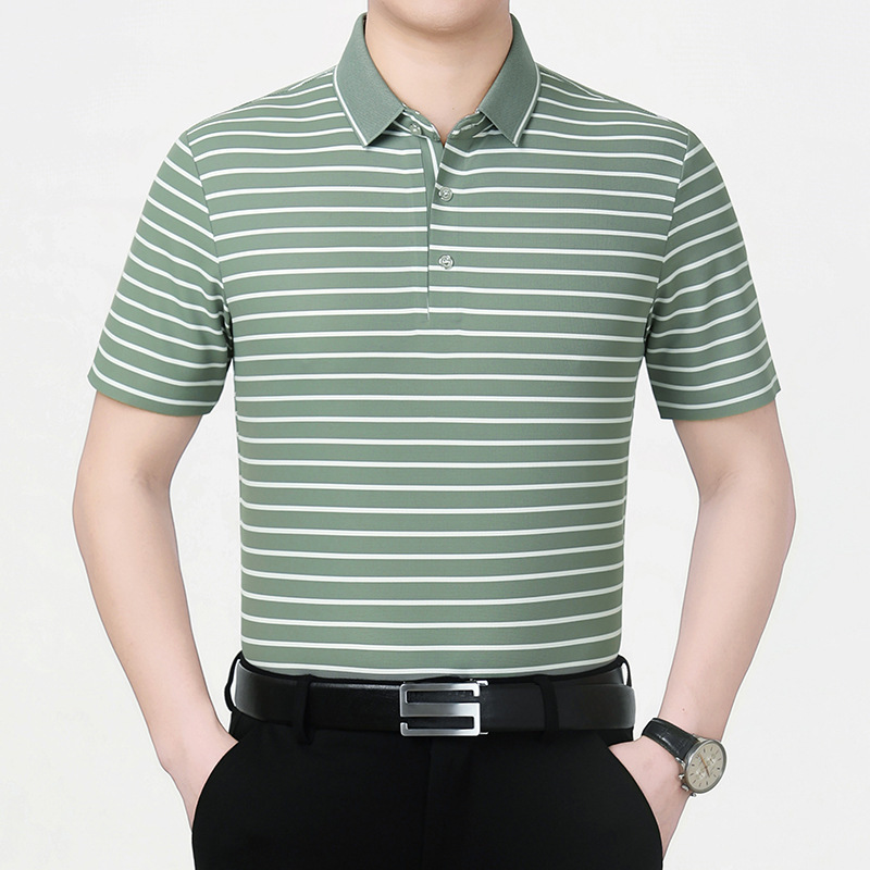 New Summer Men's Mulberry Silk Short-Sleeved T-Shirt Business Casual Lapel Striped Middle-Aged Dad's T-Shirt for Men