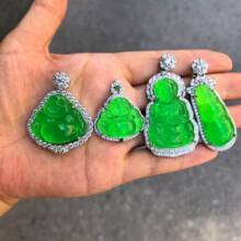 高冰石英岩玉镶嵌吊坠链帝王绿佛公吊坠飘花如意吊坠景区地摊玉器