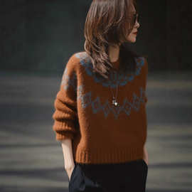 轻熟风费尔岛圆领毛衣女2025冬季新款复古提花软糯亲肤针织衫上衣