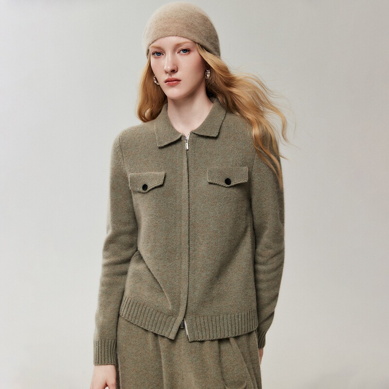 French Old Money Style 35 Cashmere Polo Collar Zipper Knit Cardigan for Women, Autumn/Winter Inner Layer, High-End Top French Old Money Style 35 Cashmere Polo Collar Zipper Knit Cardigan for Women, Autumn/Winter Inner Layer, High-End Top