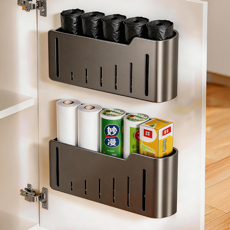 Cabinet Door Garbage Bag Storage Box for Home Kitchen and Bathroom, No-Drill, Traceless Wall-Mounted Cabinet Storage Rack