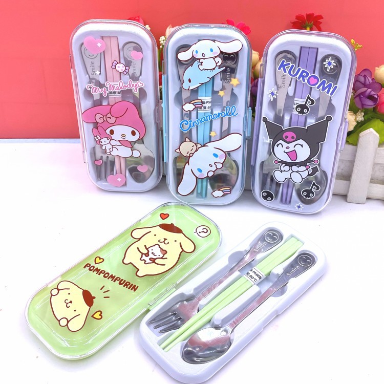 Cute portátil Kulomi Yue Gui perros niños estudiantes palillos de acero inoxidable tenedor palillos set cubiertos set box