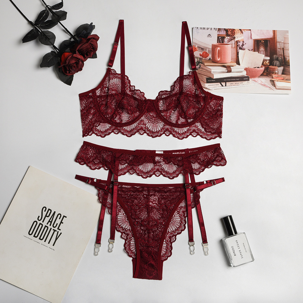 Stitching Steel Ring Solid Color Lace See-Through Sexy Lingerie Three-Piece Set NSMXF114553