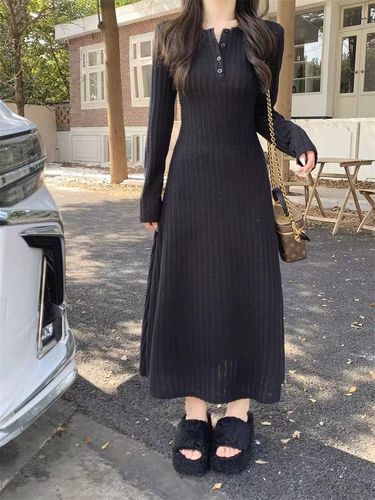 Large size women's base solid color long-sleeved knitted dress fat mm slim winter plus velvet thickened French long skirt