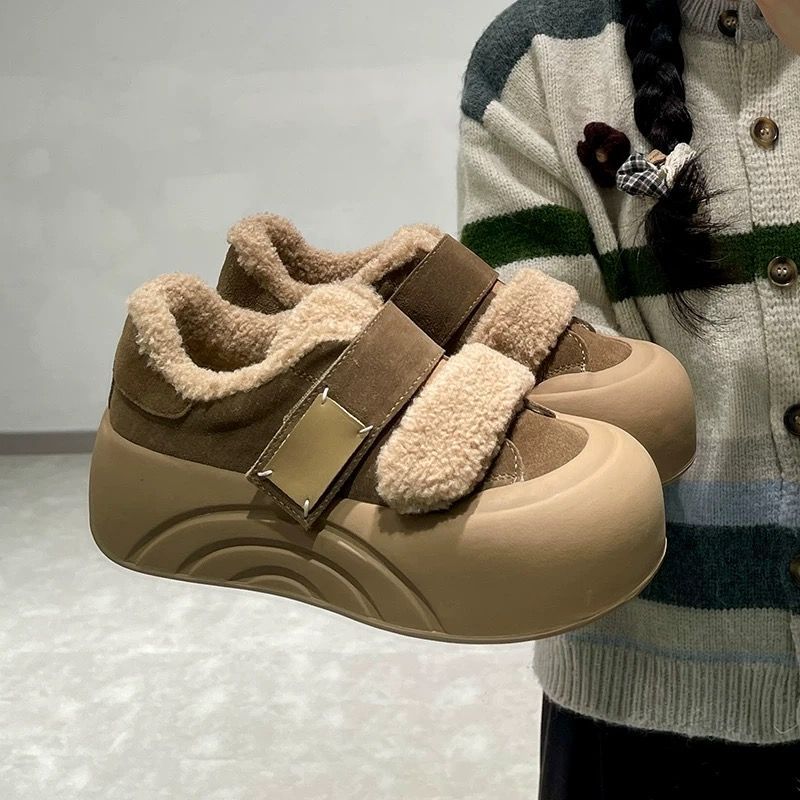 厚底魔术贴丑萌面包羊羔毛毛棉鞋子女秋冬季外穿加绒2025新款板鞋