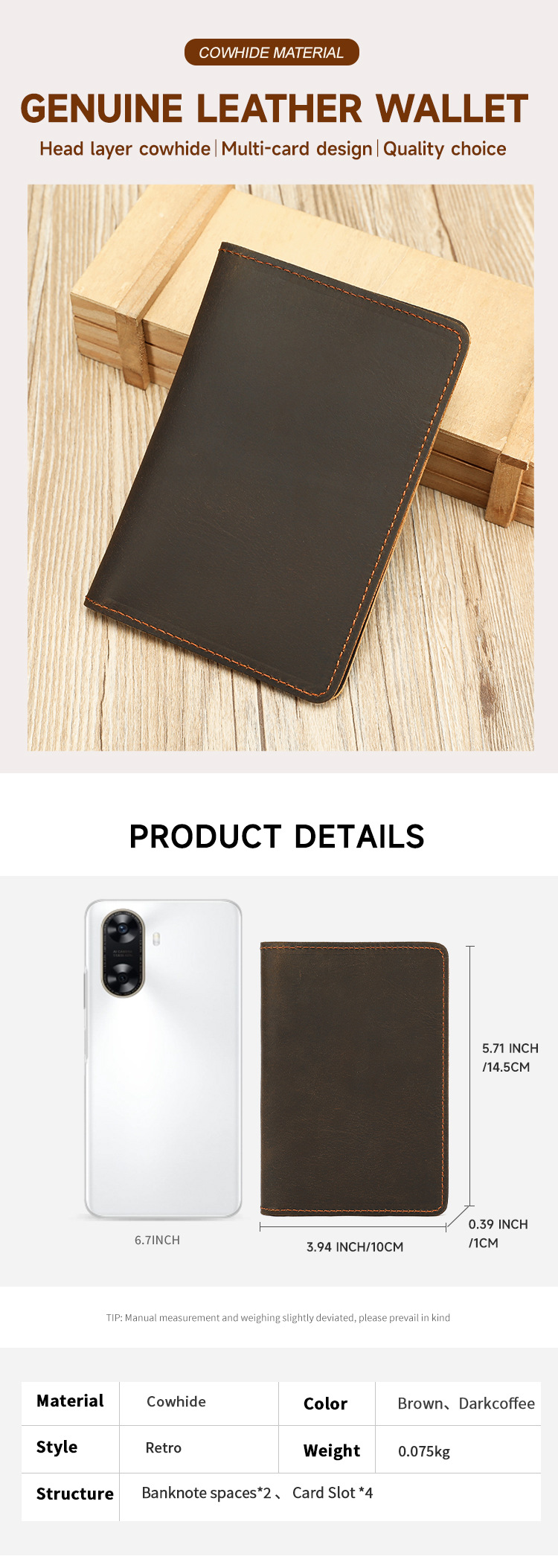 Ví card holder nam da bò mỏng đựng hộ chiếu và thẻ đa năng — Màu nâu sẫm, màu nâu chi tiết 1