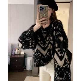 仿水貂绒设计感圆领针织毛衣女秋冬新款韩版宽松短款套头上衣