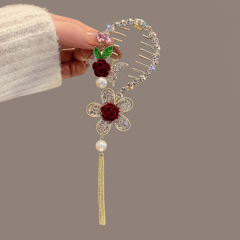반짝이는 다이아몬드 플라워 태슬 헤어 클립