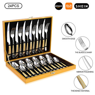 Amazon Products Stainless Steel Tableware 24 Pieces suit Star Diamond Four Main Pieces Knife, Fork and Spoon Cross-border Golden Wooden Box suit