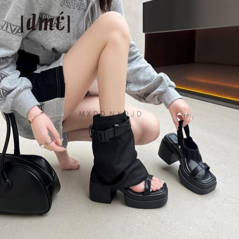 Detachable Two-Way Petite High-Heeled Open-Toe Ankle Boots for Women, Summer Square-Toe Breathable Short Boots with Hollow Thick-Soled Sandals