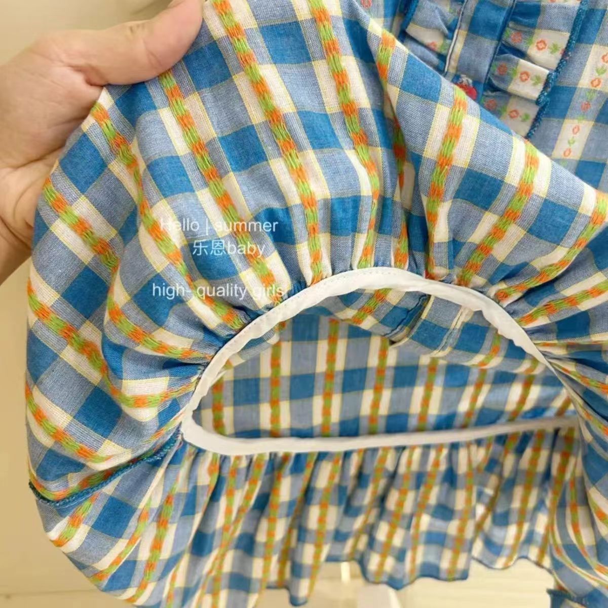 2024 여자 대학 스타일 블루 체크 무늬 신선한 스타일 슬리브 원피스  의 여름 한국 스타일 레이스 인형 원피스