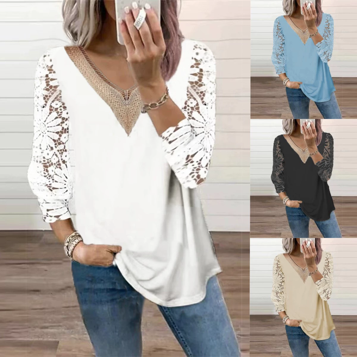 2023 Женская Весенняя Amazon AliExpress, хит продаж, элегантная кружевная шифоновая рубашка с рукавами из девяти точек, V-образным вырезом и вышивкой
