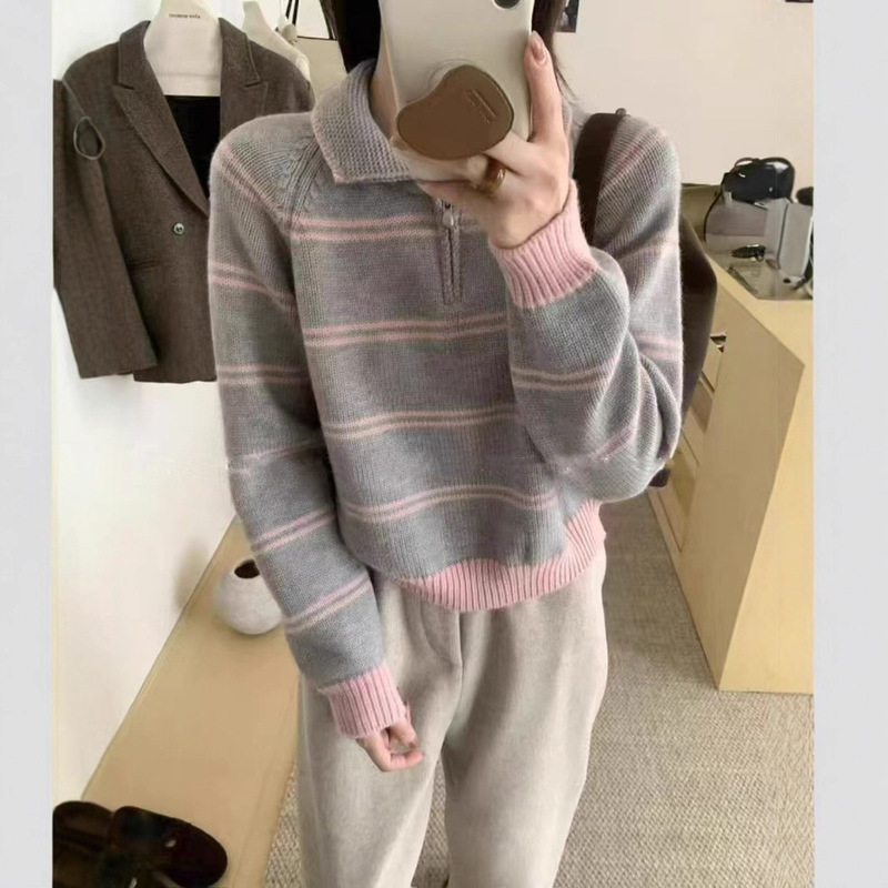 Lazy Style Striped Color-Block Half-Zip Lapel Sweater for Women 2025 Autumn and Winter Casual Versatile Loose-Fit Top Lazy Style Striped Color-Block Half-Zip Lapel Sweater for Women 2025 Autumn and Winter Casual Versatile Loose-Fit Top