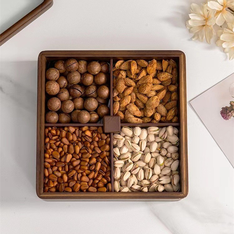 Rejilla de madera de nogal negro caja de fruta seca caja de almacenamiento de aperitivos hogar sala de estar plato de caramelo postre de tuerca caja de madera maciza de múltiples capas