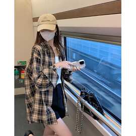 春夏季慵懒风宽松格子衬衫女设计感复古长袖休闲chic韩系上衣外
