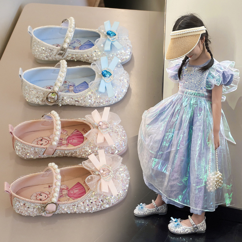 2026 Spring New Girls' Shoes with Shiny Rhinestones, Children's Shoes with Big Bow, Fashionable Dance Princess Shoes, Wholesale and Dropshipping