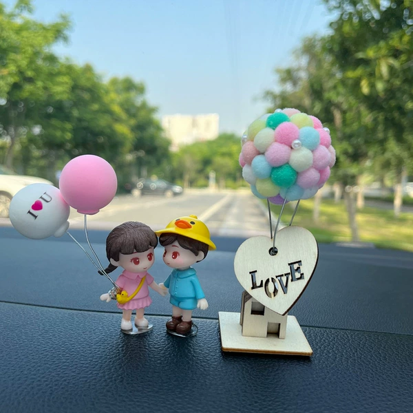 Pink and blue couple holding hands + pink and white letter balloons + light color flying house (free traceless glue)
