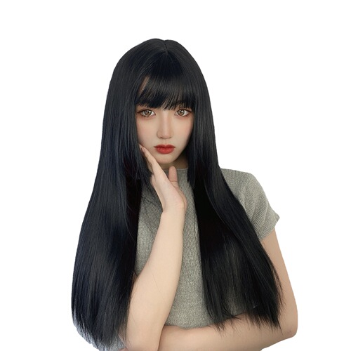 Anime-style Korean/Japanese wigs for women, featuring a jellyfish hairdo, side-swept bangs, and long straight hair, trendy online versions, factory dropshipping one-piece style.