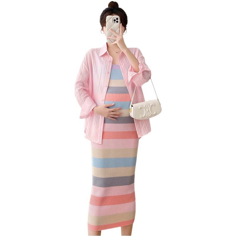 Платье для беременных, весна и лето, модный солнцезащитный кардиган интернет-знаменитостей + цветная юбка-комбинация в полоску для похудения, уменьшающий возраст комплект из двух предметов