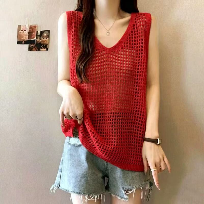 Korean-Style V-Neck Hollow-Out Knitted Sleeveless Outerwear Vest for Women, Spring and Summer Loose Design Layered Mesh Top