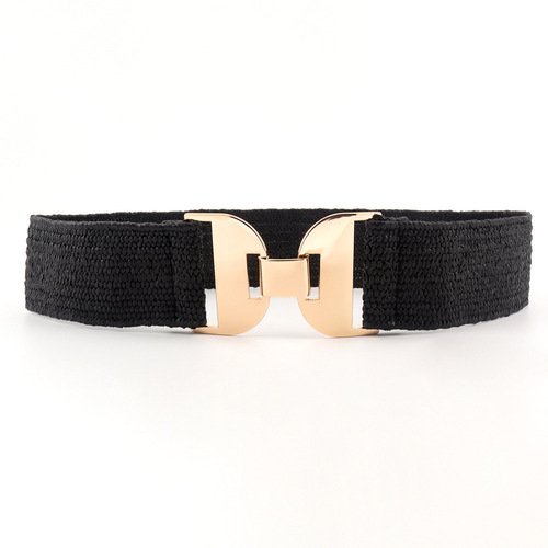 Summer new pp straw girdle women's elastic woven elastic belt personalized glossy geometric buckle head versatile accessories