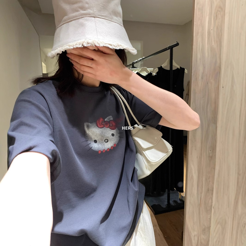 Hers Sweet Spring and Summer Ins Wear Korean Casual Cat Print Loose Short-Sleeved T-Shirt Tops Versatile and Trendy