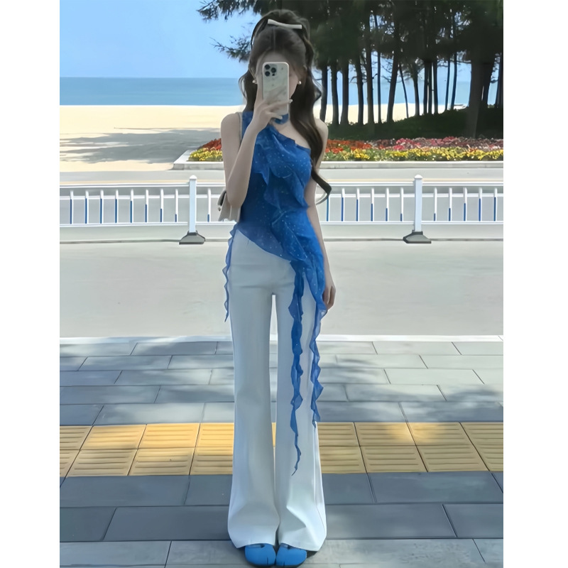 Pure White Moonlight Outfit Set, New Summer Style, Super Stylish Off-Shoulder Top and Jeans, Korean-Style Two-Piece Set