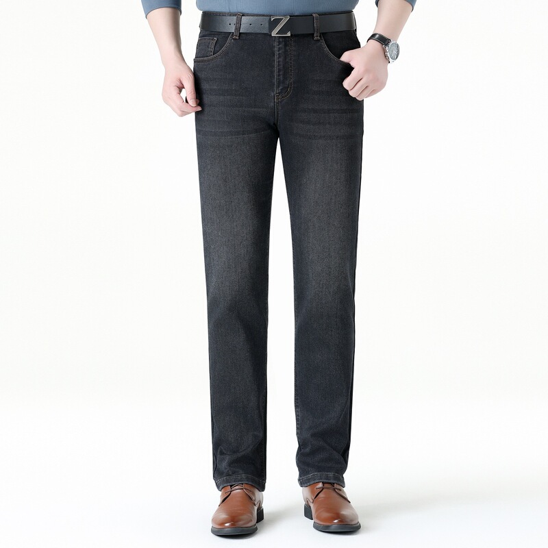 Foreign Trade Stretch Jeans Autumn and Winter Thick Middle-Aged Men's Dad Pants Loose Straight Business Brushed Casual Pants