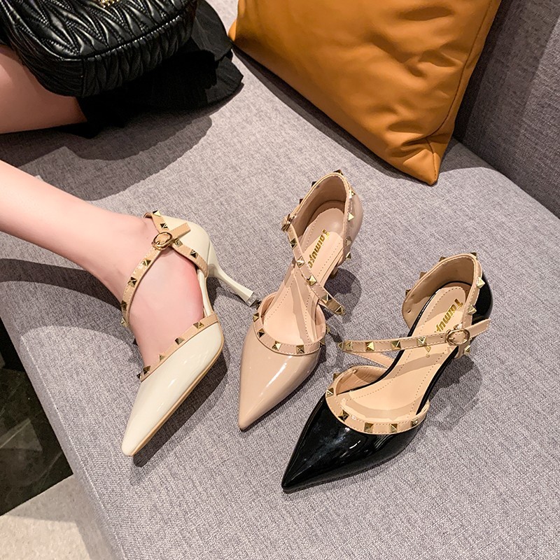 elegant high heels pointed-toe with studs nude stiletto heels
