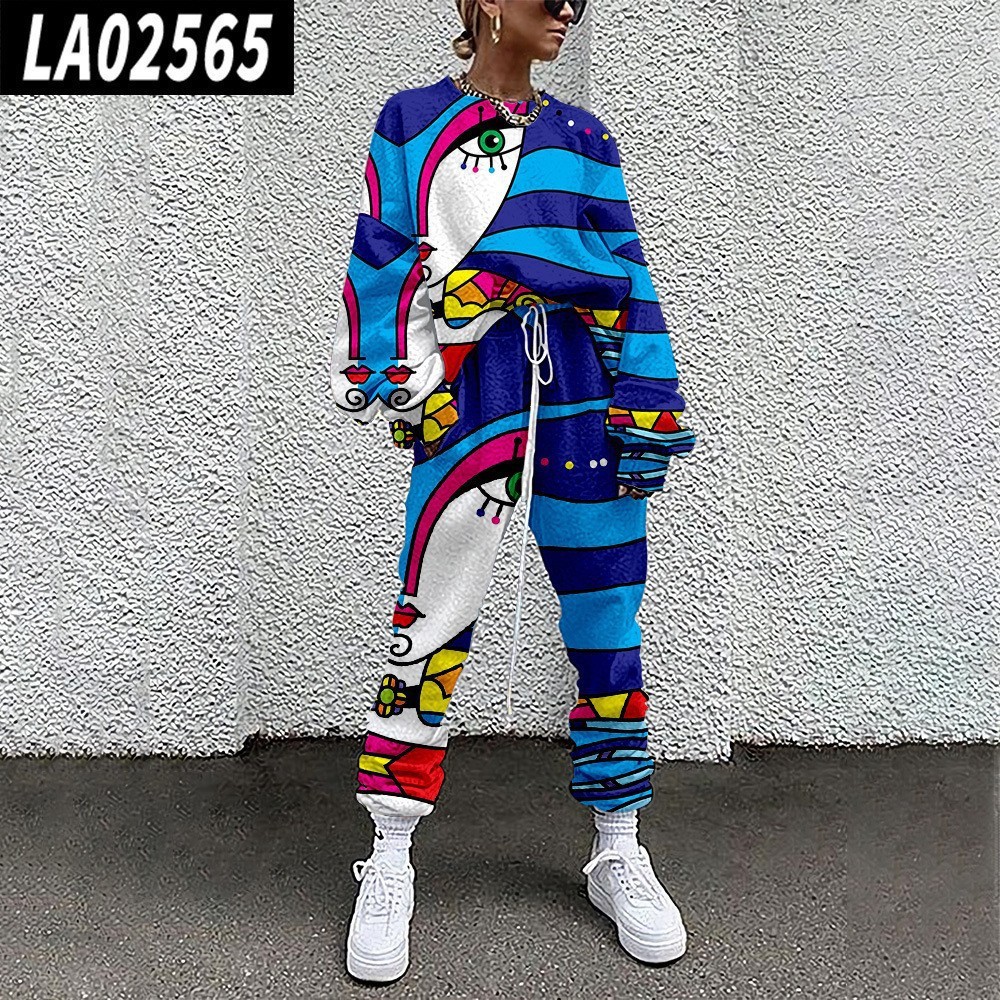 Conjunto de Sudadera Informal con Cuello Redondo y Estampado Holgado para Mujer, Estilo Europeo y Americano, Novedad de Comercio Exterior Transfronterizo para Otoño 2025